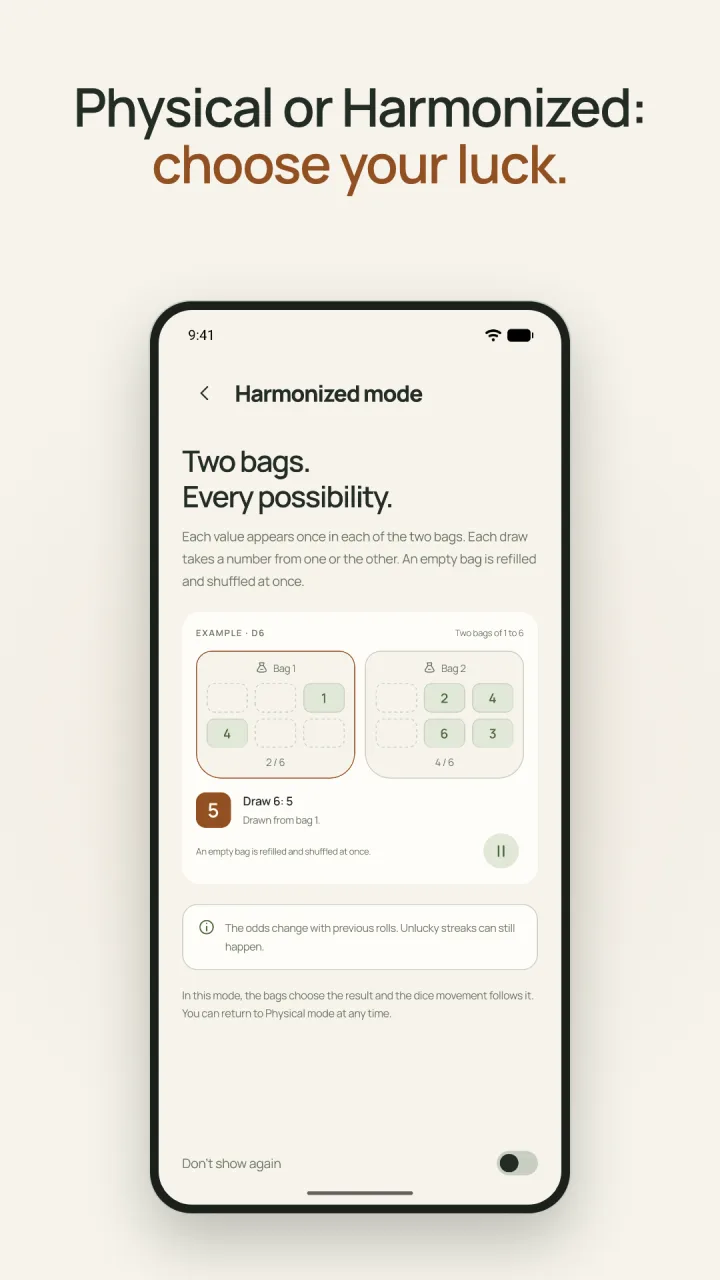 Physical or Harmonized, choose your luck: the Harmonized mode draws from two bags of values.