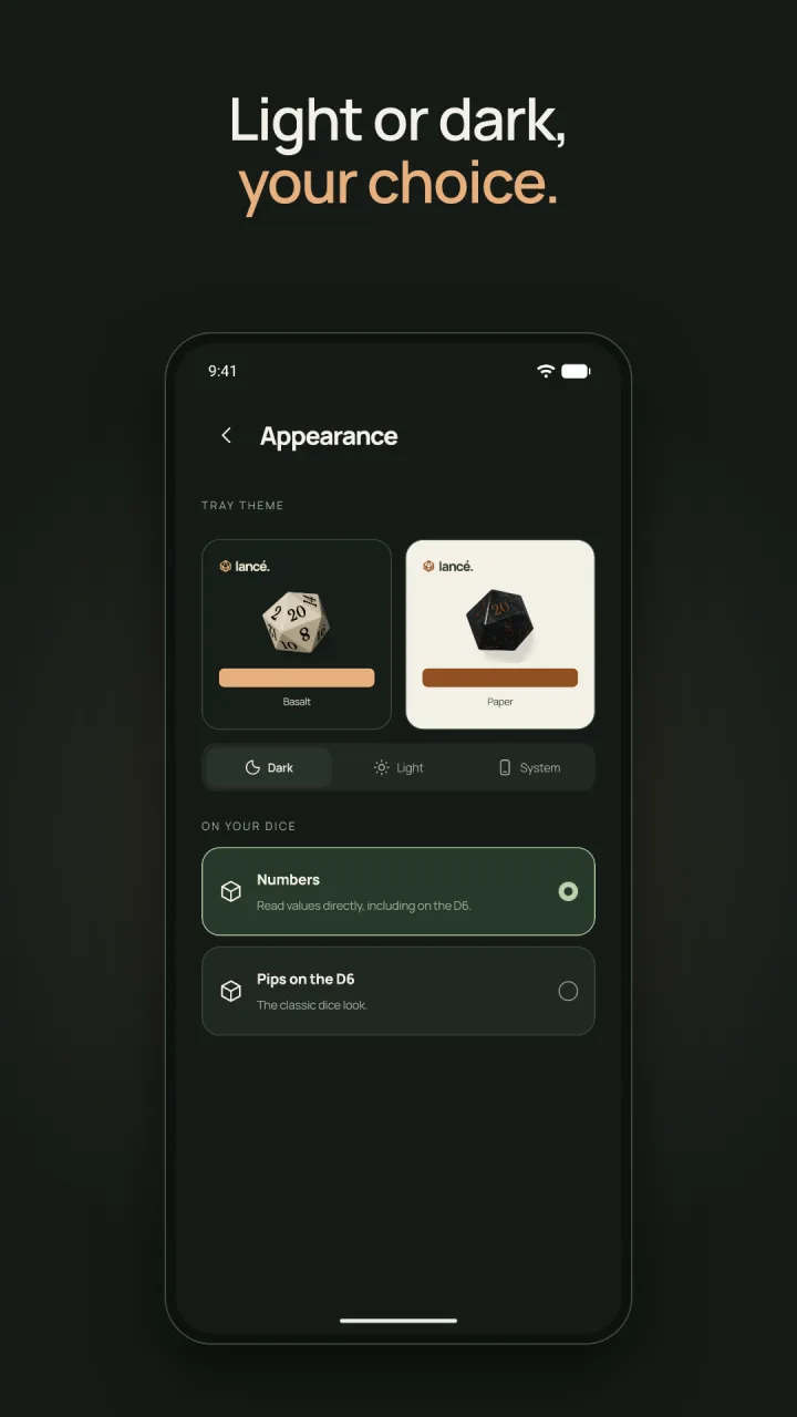 Light or dark, your choice: the appearance settings in the dark theme.