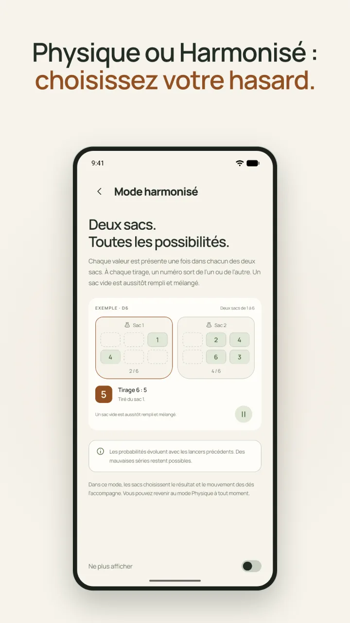 Physique ou Harmonisé, choisissez votre hasard : le mode Harmonisé tire dans deux sacs de valeurs.